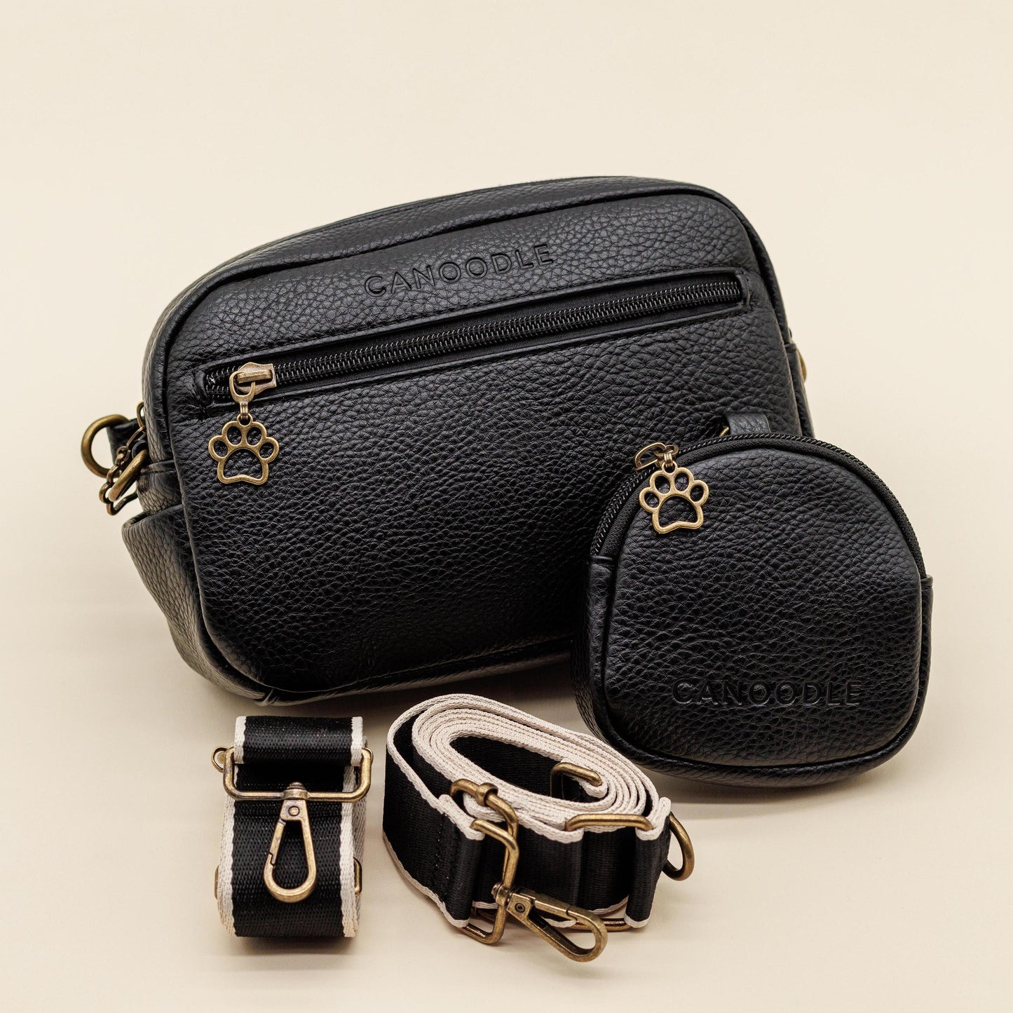 Black Dog walking bag, with bum bag strap and a cross body strap plus a treats bag.