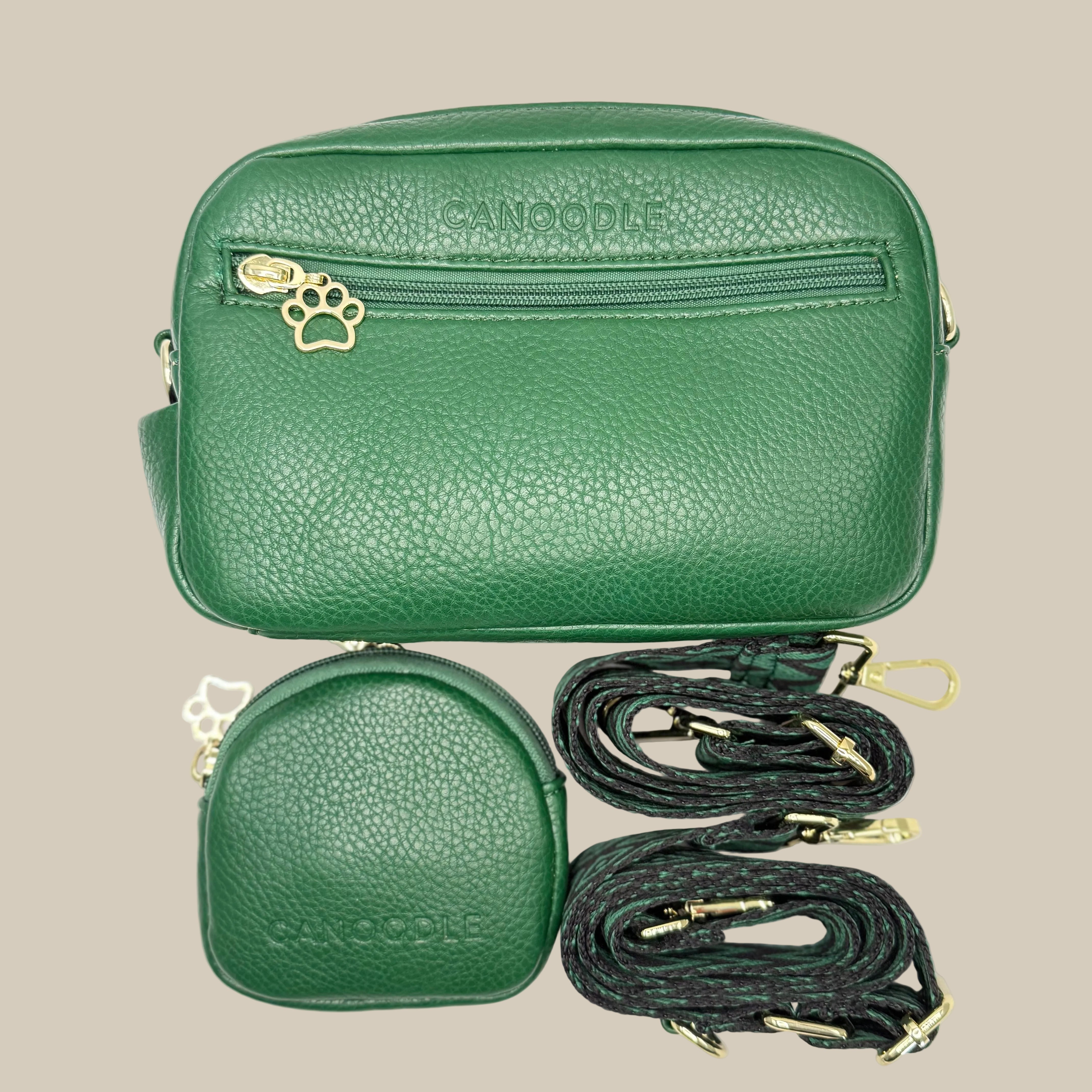 Green Dog walking bag, with bum bag strap and a cross body strap plus a treats bag.