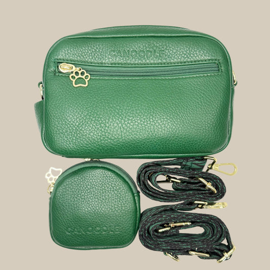 Green Dog walking bag, with bum bag strap and a cross body strap plus a treats bag.