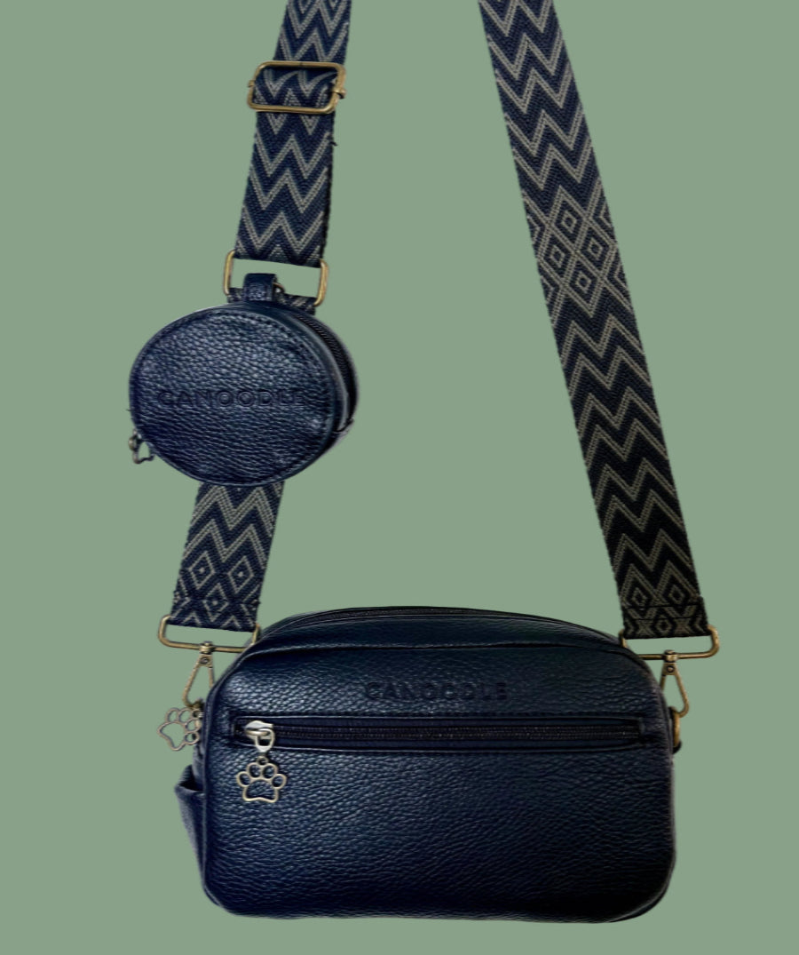 Black crossbody Dog walking bag with a small round pouch 