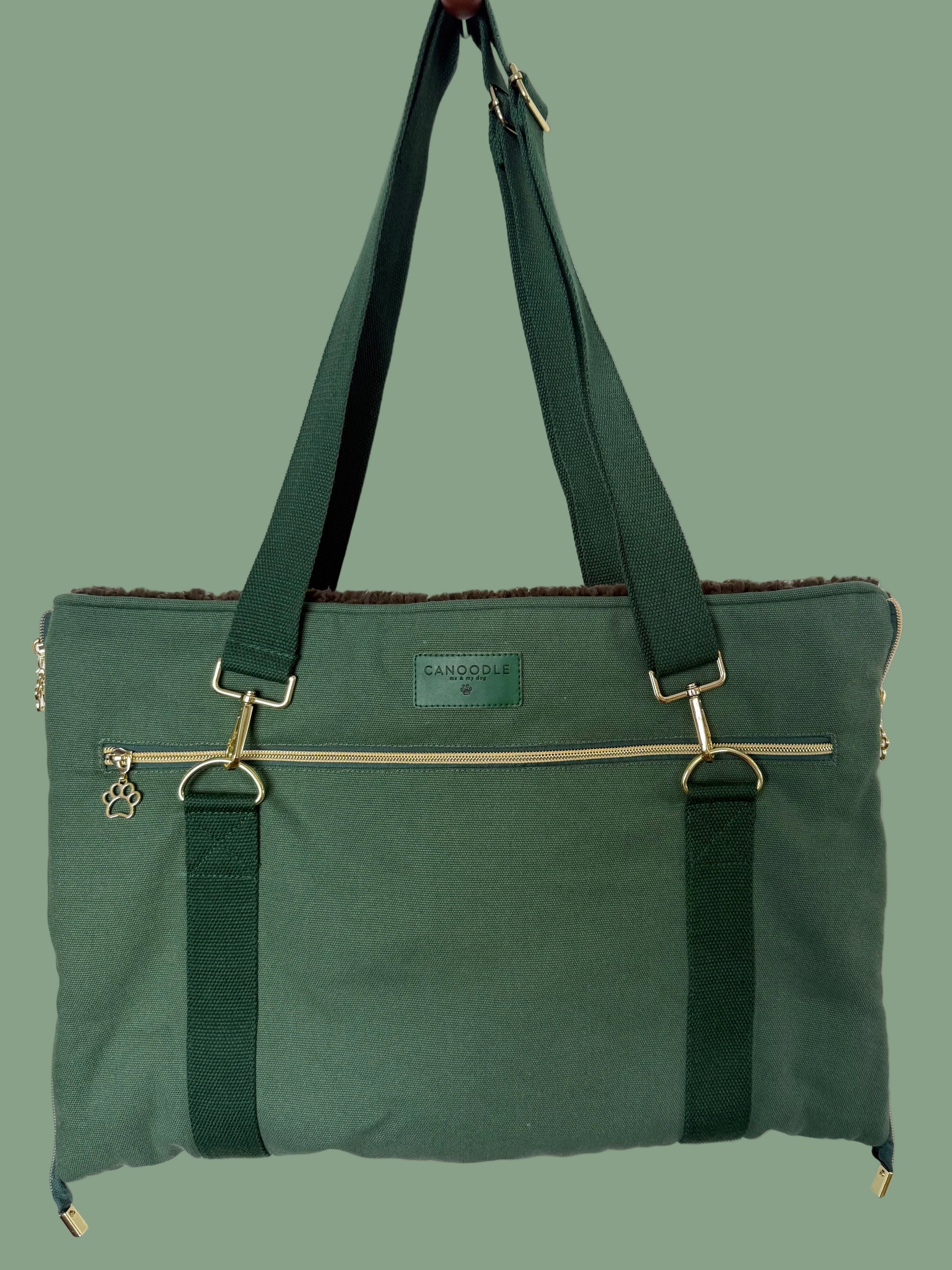 Green Canvas Dog travel bed bag with a strap 