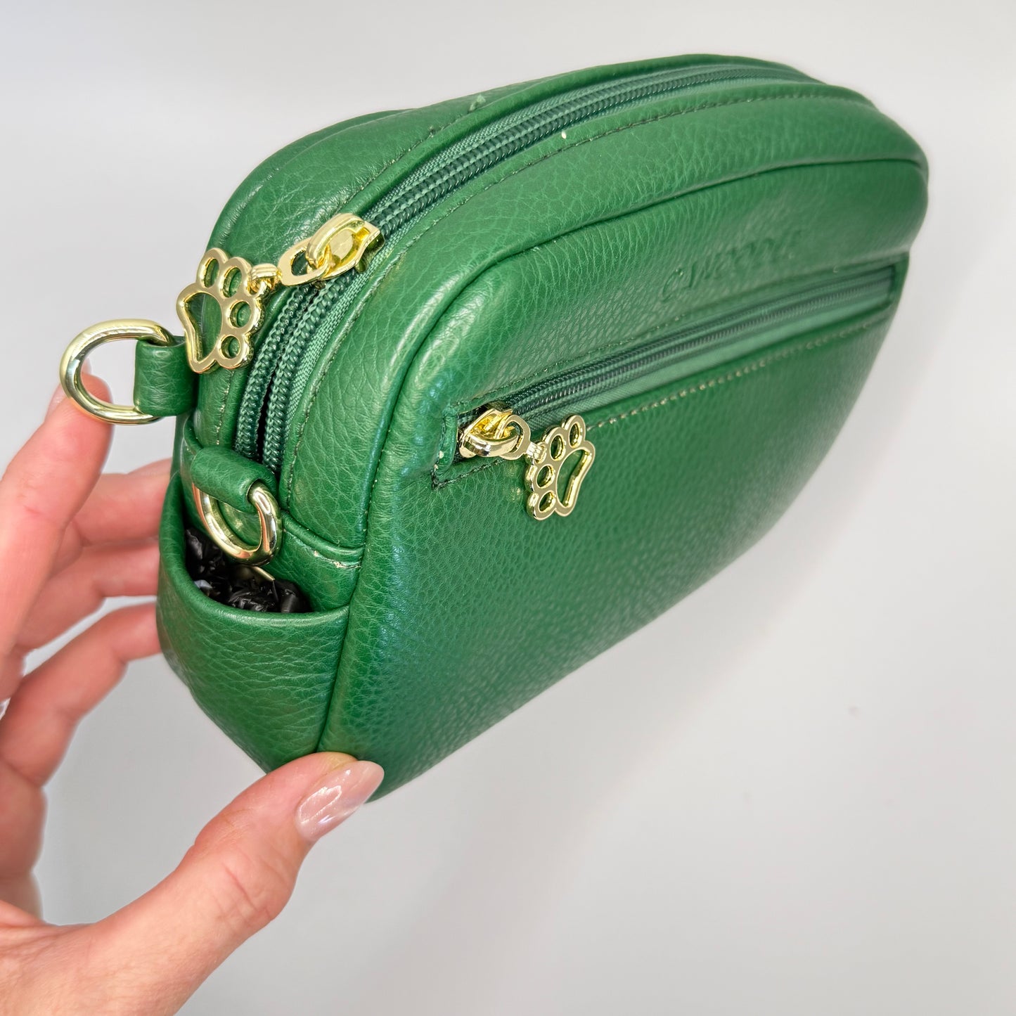 Green Dog Walking Bag showing the 2 D links for the bag straps 