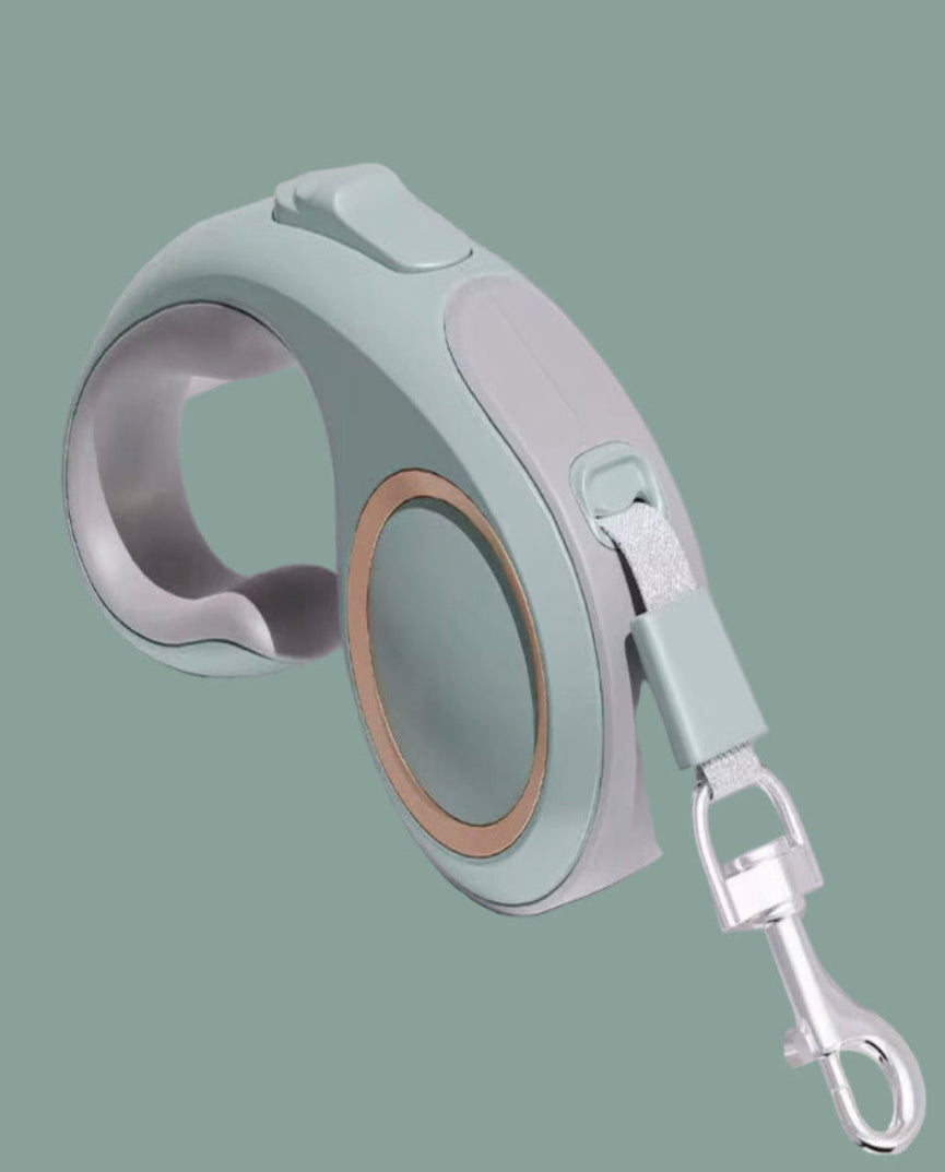 Pastel green retractable dog leash on a gray background