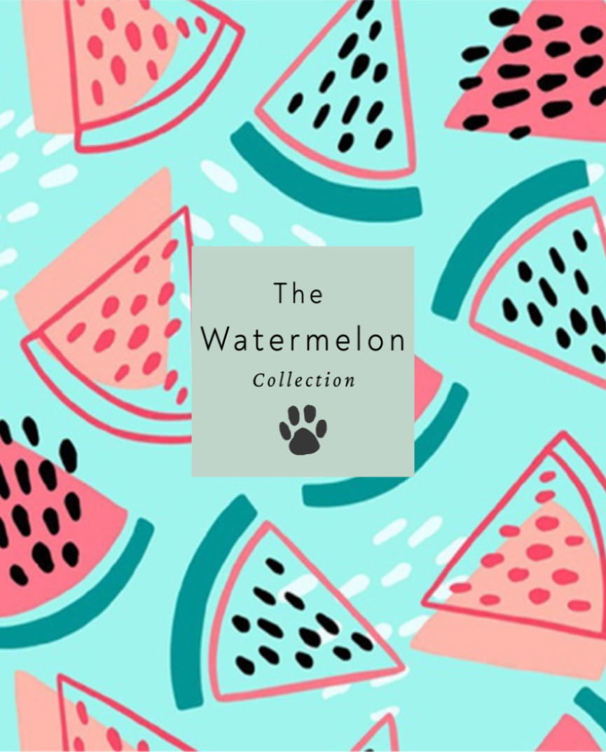 Pattern of watermelon slices on a blue background with 'The Watermelon Collection' text.